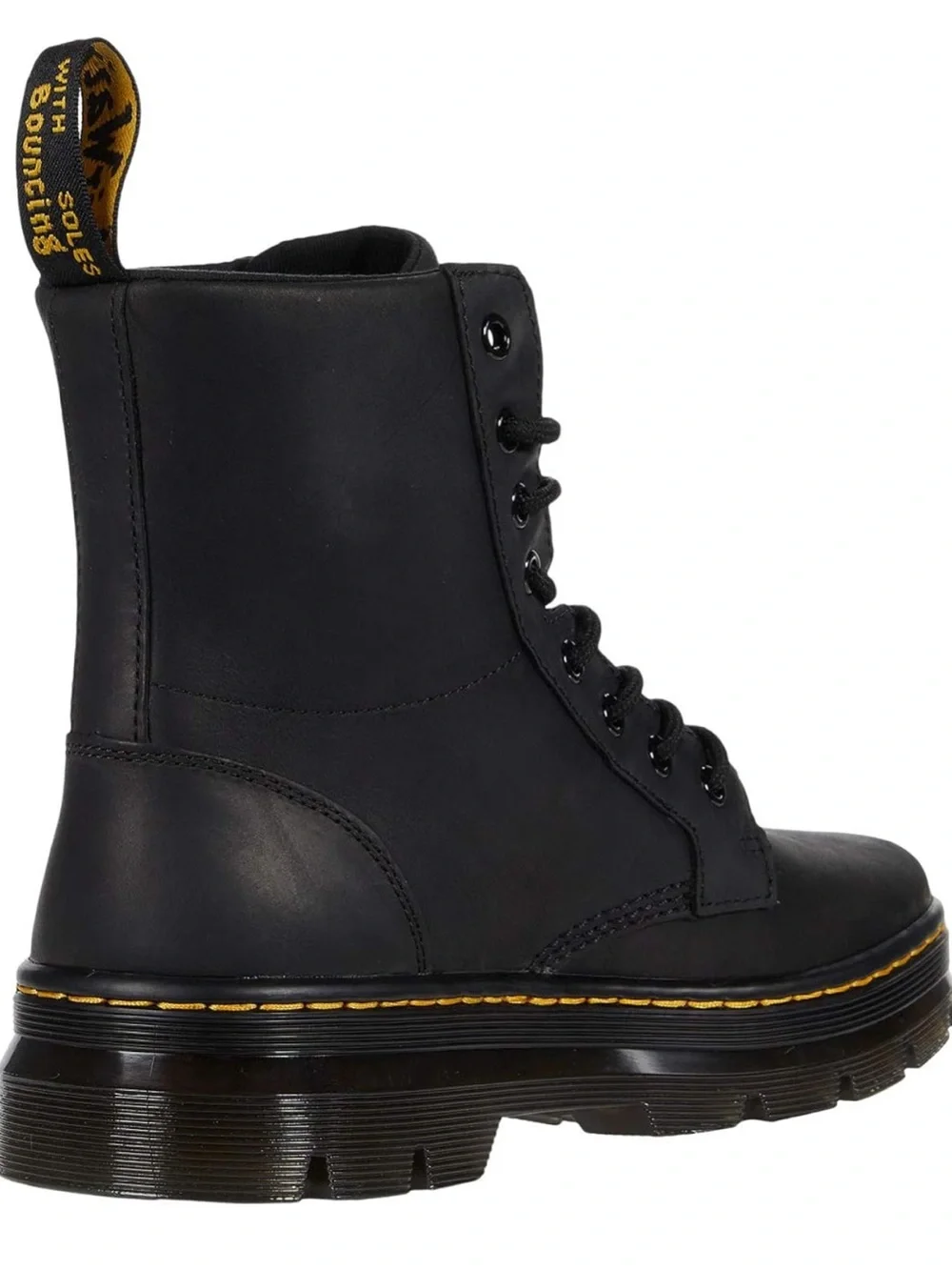 8 eye Dr Martens Black Leather Lace-Up Combat Boots with Yellow Welt Stitchi